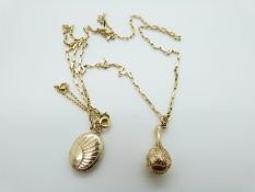 A 9ct gold necklace made up of rectangular links, a 9ct gold maraca pendant and a locket, 9.