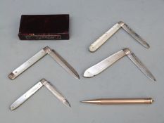 Four 19thC mother of pearl and silver fruit knives and a rolled gold pencil etc
