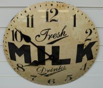 A caseless quartz dial wall clock with 'Fresh Milk Drinks at the Bar' advertising slogan to the