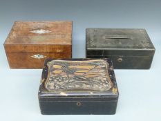 A mother-of-pearl inlaid walnut box with plaque 'Presented by Hope Baptist Chapel 1877',