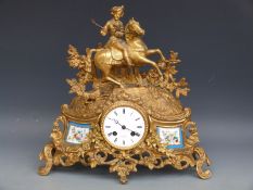 Japy Freres 19thC figural French ormolu mantel clock with Sevres panels of a dandy on horseback
