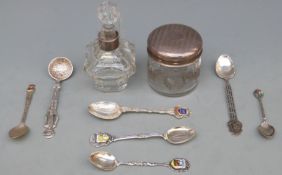 Five hallmarked silver and white metal collectors' spoons 49g all in,