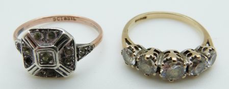 A 9ct gold ring set with five cubic zirconia and a 9ct gold and silver ring set with paste, size O,