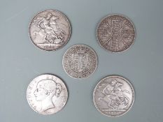 Five Victorian silver coins comprising young head, veiled head and Jubilee head crowns,