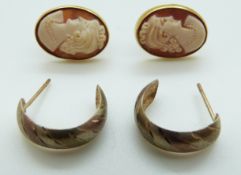 A pair of yellow metal earrings each set with a cameo and a pair of yellow metal earrings, 4.