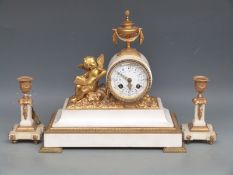 S Marti & Co 19thC alabaster and gilt ormolu mantel clock garniture,