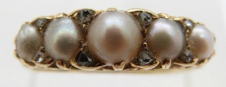 An 18ct gold Victorian ring set with pearls and diamonds, size P, 3.