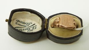 A 9ct rose gold signet ring in original Stroud box, size O, 4.