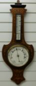 Late 19thC mahogany-cased aneroid barometer decorated with tri-coloured floral and foliate inlaid