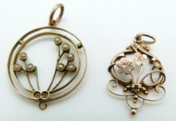 A 9ct gold pendant set with seed pearls and a 9ct gold pendant, 2.