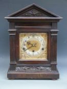 German c1910 mantel or bracket clock in mahogany architectural-style case with reeded square
