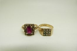Two 9ct gold rings, one set with paste and one set with a synthetic ruby, size I, 3.6g, J, 2.