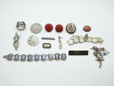 A silver filigree brooch, turquoise brooch, Siam bracelet, a silver threepence necklace, brooches,