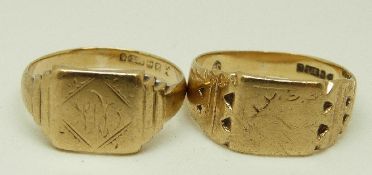 Two 9ct gold signet rings, size P, 4.0g, Q, 3.