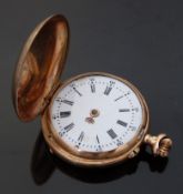 14ct gold keyless winding full hunter pocket watch with Roman numerals, white enamel face,