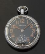 Waltham open faced keyless winding military pocket watch with inset subsidiary seconds dial,