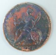 George II 1729 halfpenny young cuirassed bust, ball under Britannia's spearhead reverse ,
