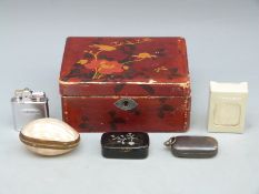 Japanese lacquer box, a shell purse, lacquer snuff box, Ronson lighter,