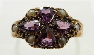 A 9ct gold ring set with two pear shaped amethysts, two heart cut amethysts and seed pearls,