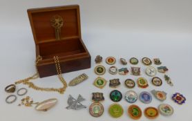 A 9ct gold and silver ring, a yellow metal ring, necklace, earrings, mother of pearl brooch,