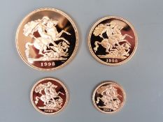 1998 cased proof gold sovereign four coin collection, comprising half, full,