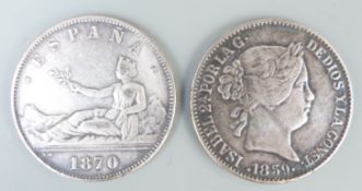 Isabel Porlag 1859 Spanish 20 Reales together with an 1870 5 pesetas