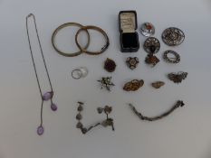 A hallmarked silver bangle, silver buckle ring, yellow metal Victorian fob, silver flapper bangle,