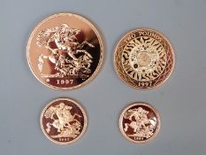 1997 cased proof gold sovereign four coin collection, comprising half, full,
