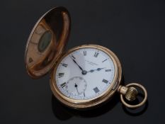 J W Benson 9ct gold half hunter keyless winding pocket watch with inset subsidiary seconds dial,