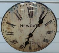 A caseless 'Newgate of London' enamelled dial wall clock with Roman numerals and distressed look