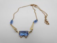 A 9ct gold necklace set with blue paste in an Art Deco style, 4.