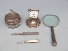 A quantity of hallmarked silver mounted items including Victorian travelling dressing table pot,