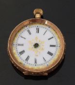 14ct gold keyless winding open faced pocket watch with Roman numerals,