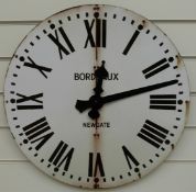 A caseless quartz dial wall clock with distressed look enamel Roman dial stamped 'Newgate Bordeaux',