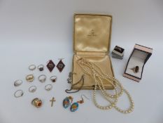 Ciro three strand faux pearl necklace with 9ct gold clasp, rolled gold cross, enamel earrings,