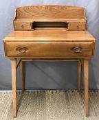 Retro Ercol Windsor light elm desk with single drawer and shelved gallery top,