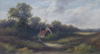 A Victorian oil on canvas of a country scene, children in front of a cottage, signature indistinct,