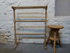 Pine towel rack, adjustable stool and low table or stand with reeded legs,
