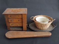 An oak Wellington table top chest of drawers, silver plated tray,