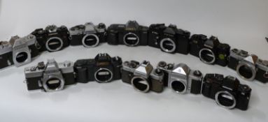 Twelve SLR camera bodies including Minolta SRT10, Chinon CE-5,