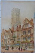 Paul Braddon watercolour cathedral beyond a street including the Shakespeare Inn,