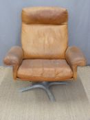 Retro leather swivel chair, probably 1970s Italian, with leather 'stitched' decoration,