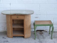 Art Deco birch style kidney shaped dressing table with glass top (W90 x D50 x H77cm) and a painted