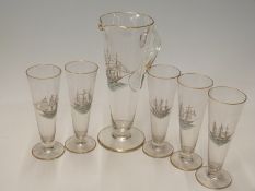 A six-piece glass cocktail/lemonade set comprising a jug and five glasses in conical design with