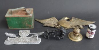 Vintage petrol can, brass eagle plaque, West Bromwich door knocker, West Midlands tug of war plaque,