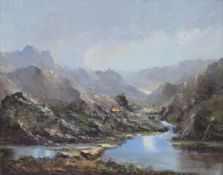 Donald Jennings acrylic on canvas 'Distant Peak' mountains with river flowing between,