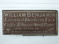 Vintage hand painted wooden sign 'William Benjamin, Licensed Dealers in Tea, Coffee, Tobacco,