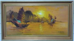 Chinese acrylic on board of boats in the sunset,