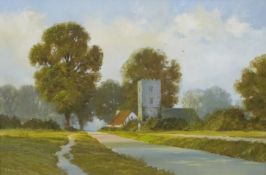 V R Moore oil on canvas 'Summer Evening No 5' village scene with church, signed lower left,