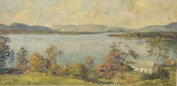 Phyllis Morgan RGI oil on canvas of cottages by a lake or loch possibly the Lake District,